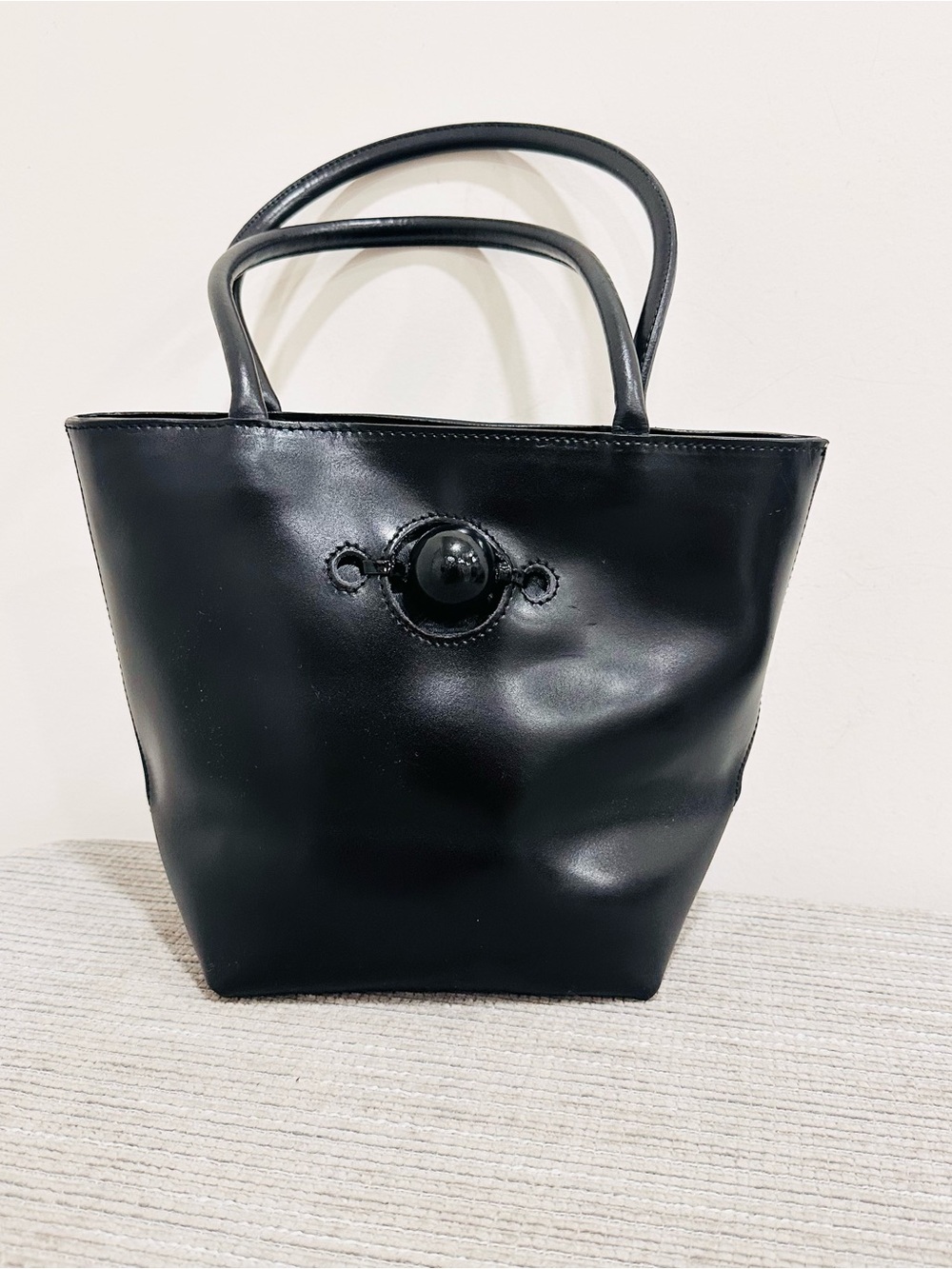 Vintage FURLA Black Leather Tote Bag Minimalist 90s Authentic